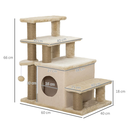 Adjustable Cat Steps with House and Hanging Toy Ball - Beige