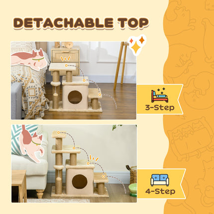 Adjustable Cat Steps with House and Hanging Toy Ball - Beige