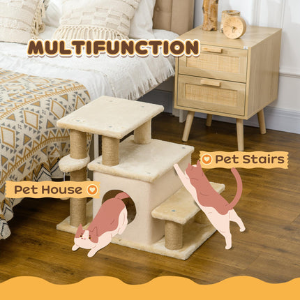 Adjustable Cat Steps with House and Hanging Toy Ball - Beige