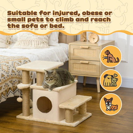 Adjustable Cat Steps with House and Hanging Toy Ball - Beige
