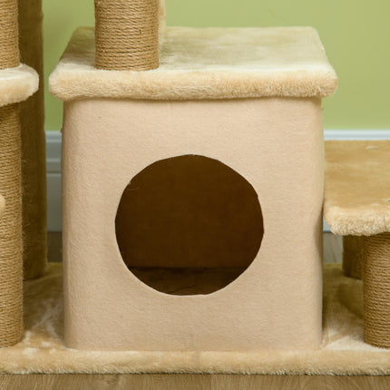 Adjustable Cat Steps with House and Hanging Toy Ball - Beige