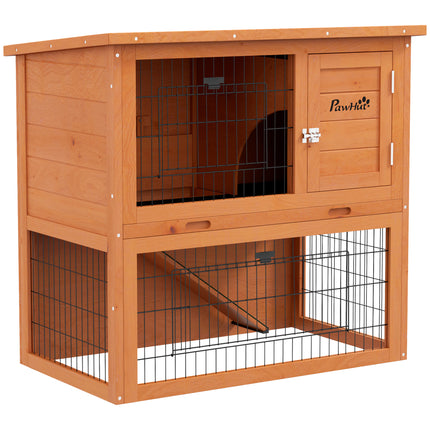 Two-Tier Antiseptic Wood Rabbit Hutch 80cm with Run - Orange