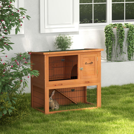 Two-Tier Antiseptic Wood Rabbit Hutch 80cm with Run - Orange