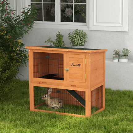Two-Tier Antiseptic Wood Rabbit Hutch 80cm with Run - Orange