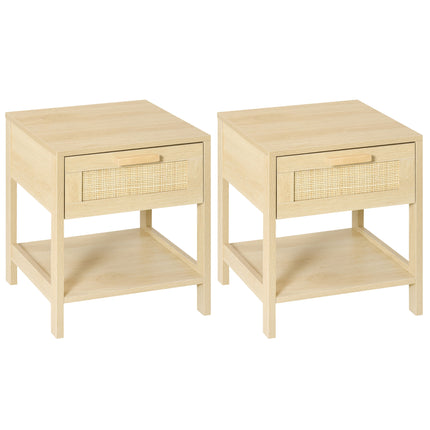 Set of 2 Nightstands with Rattan Drawer and Storage Shelf - Natural Wood