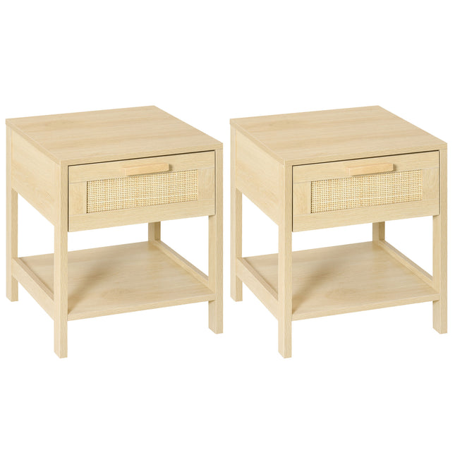Set of 2 Nightstands with Rattan Drawer and Storage Shelf - Natural Wood
