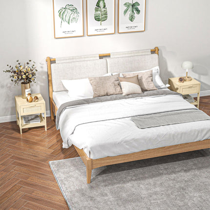 Set of 2 Nightstands with Rattan Drawer and Storage Shelf - Natural Wood