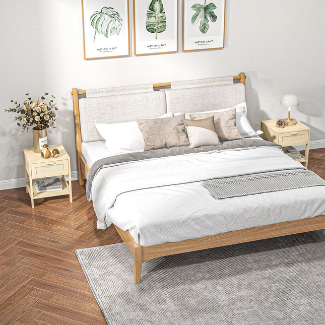 Set of 2 Nightstands with Rattan Drawer and Storage Shelf - Natural Wood