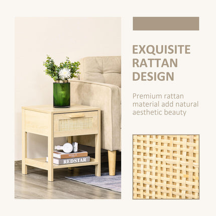Set of 2 Nightstands with Rattan Drawer and Storage Shelf - Natural Wood