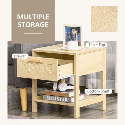 Set of 2 Nightstands with Rattan Drawer and Storage Shelf - Natural Wood