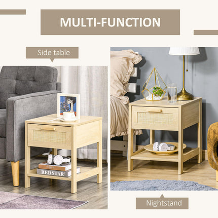 Set of 2 Nightstands with Rattan Drawer and Storage Shelf - Natural Wood