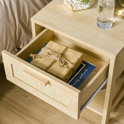 Set of 2 Nightstands with Rattan Drawer and Storage Shelf - Natural Wood