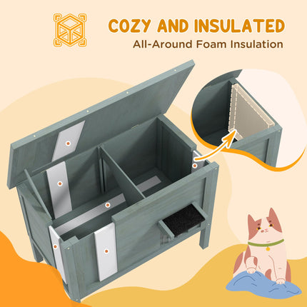 Outdoor Insulated Wooden Cat House with Removable Floor and Waterproof Roof - Charcoal Grey
