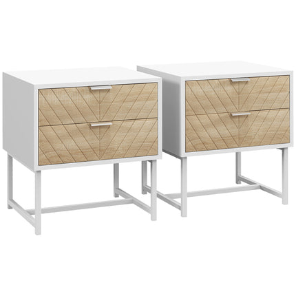 Modern Bedside Table Set with 2 Drawers and Metal Frame, Sofa Side Table for Bedroom Living Room - White and Oak