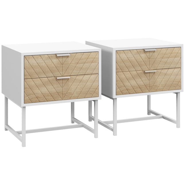 Modern Bedside Table Set with 2 Drawers and Metal Frame, Sofa Side Table for Bedroom Living Room - White and Oak