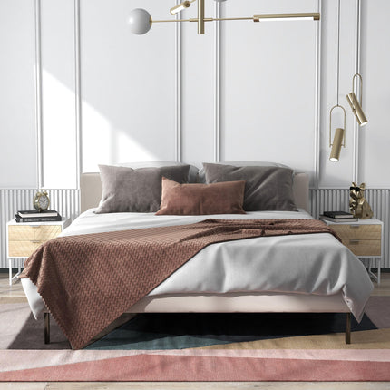 Modern Bedside Table Set with 2 Drawers and Metal Frame, Sofa Side Table for Bedroom Living Room - White and Oak