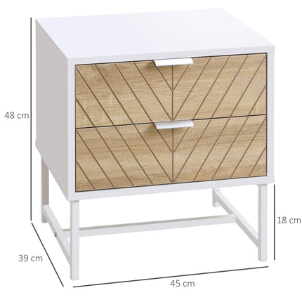 Modern Bedside Table Set with 2 Drawers and Metal Frame, Sofa Side Table for Bedroom Living Room - White and Oak