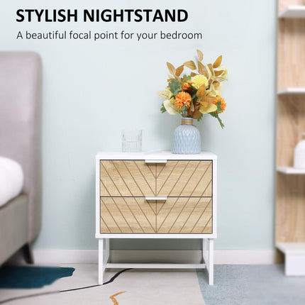 Modern Bedside Table Set with 2 Drawers and Metal Frame, Sofa Side Table for Bedroom Living Room - White and Oak