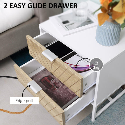 Modern Bedside Table Set with 2 Drawers and Metal Frame, Sofa Side Table for Bedroom Living Room - White and Oak