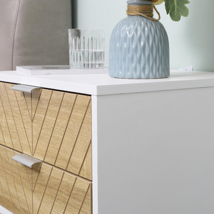 Modern Bedside Table Set with 2 Drawers and Metal Frame, Sofa Side Table for Bedroom Living Room - White and Oak
