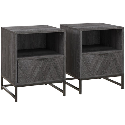 Set of 2 Industrial Bedside Tables with Drawer and Shelf - Dark Grey