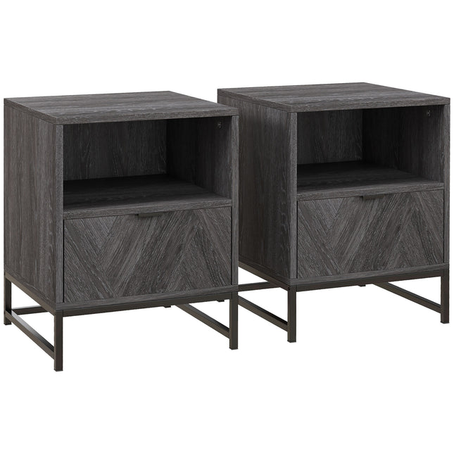 Set of 2 Industrial Bedside Tables with Drawer and Shelf - Dark Grey