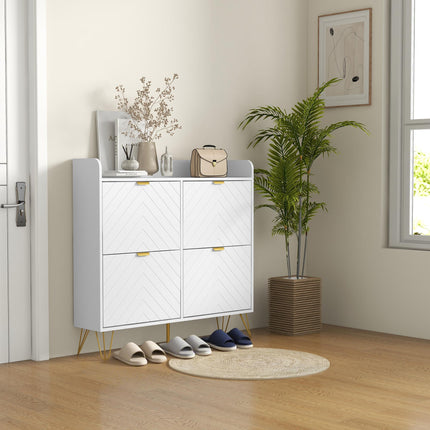 Narrow Shoe Storage Cabinet with 4 Flip Drawers and Adjustable Shelf for 16 Pairs - White Gold Tone