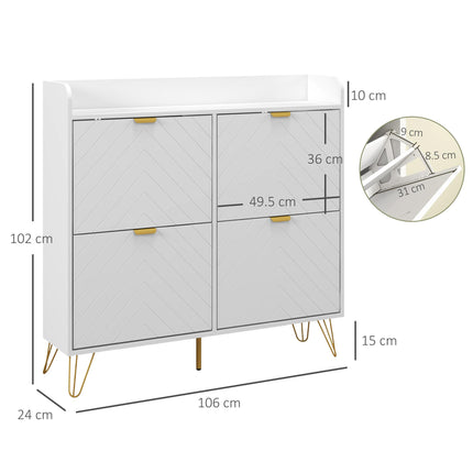 Narrow Shoe Storage Cabinet with 4 Flip Drawers and Adjustable Shelf for 16 Pairs - White Gold Tone