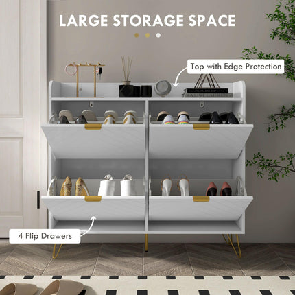 Narrow Shoe Storage Cabinet with 4 Flip Drawers and Adjustable Shelf for 16 Pairs - White Gold Tone