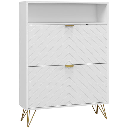 12 Shoe Storage Cabinet with Chevron Indents and Gold Tone Accents - White