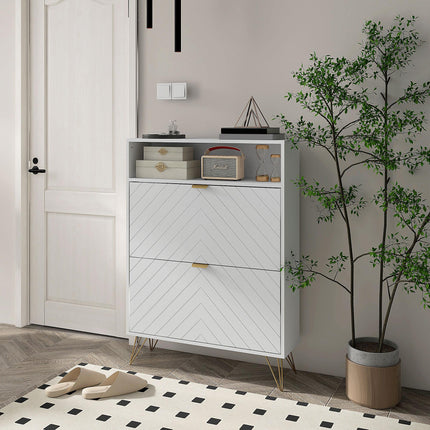 12 Shoe Storage Cabinet with Chevron Indents and Gold Tone Accents - White