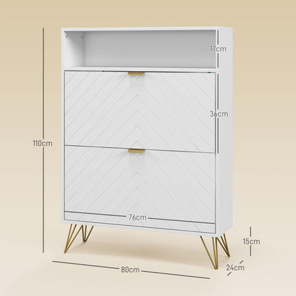 12 Shoe Storage Cabinet with Chevron Indents and Gold Tone Accents - White
