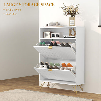 12 Shoe Storage Cabinet with Chevron Indents and Gold Tone Accents - White