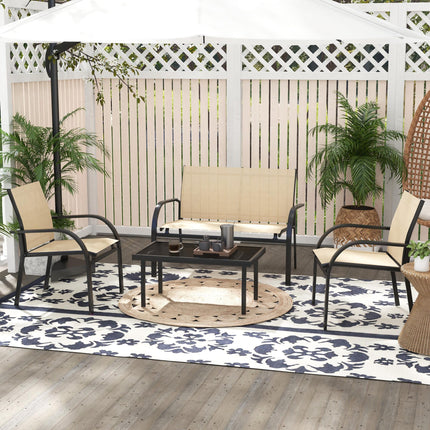 Four-Piece Curved Steel Garden Dining Set with Tempered Glass Table - Beige/Grey