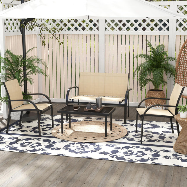 Four-Piece Curved Steel Garden Dining Set with Tempered Glass Table - Beige/Grey