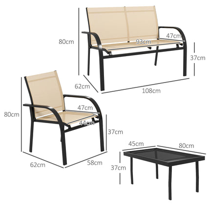 Four-Piece Curved Steel Garden Dining Set with Tempered Glass Table - Beige/Grey