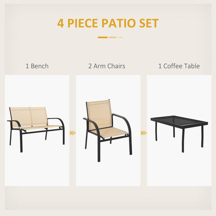 Four-Piece Curved Steel Garden Dining Set with Tempered Glass Table - Beige/Grey