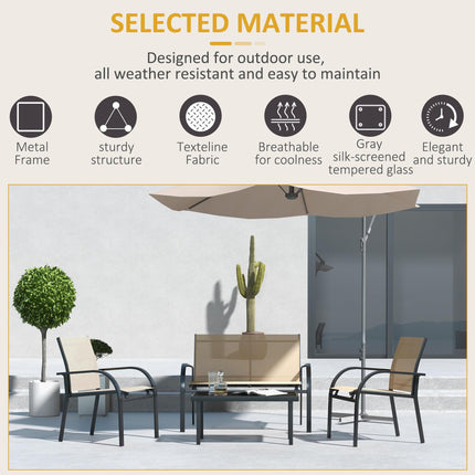 Four-Piece Curved Steel Garden Dining Set with Tempered Glass Table - Beige/Grey