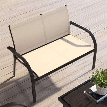 Four-Piece Curved Steel Garden Dining Set with Tempered Glass Table - Beige/Grey