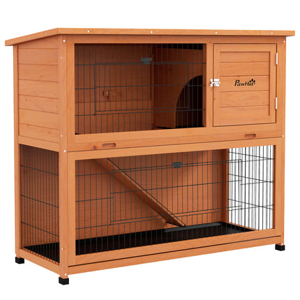 2 Tier Antiseptic Wood Rabbit Hutch with Run Outdoor - Orange