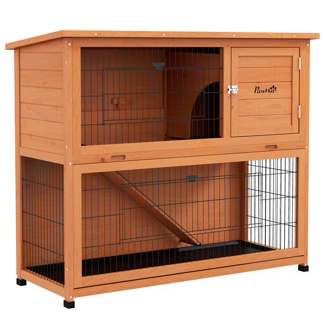 2 Tier Antiseptic Wood Rabbit Hutch with Run Outdoor - Orange