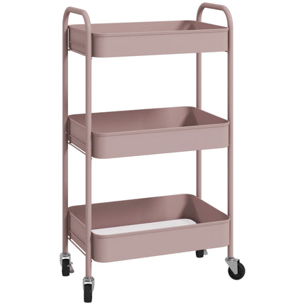 Three-Tier Steel Storage Trolley with Wheels and Handles - Pink