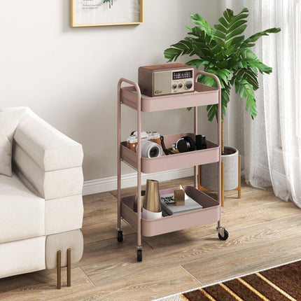 Three-Tier Steel Storage Trolley with Wheels and Handles - Pink
