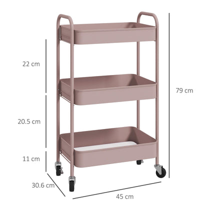Three-Tier Steel Storage Trolley with Wheels and Handles - Pink