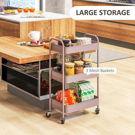 Three-Tier Steel Storage Trolley with Wheels and Handles - Pink