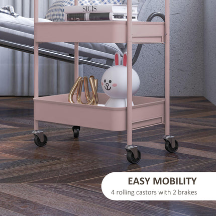 Three-Tier Steel Storage Trolley with Wheels and Handles - Pink
