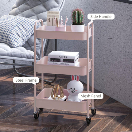 Three-Tier Steel Storage Trolley with Wheels and Handles - Pink