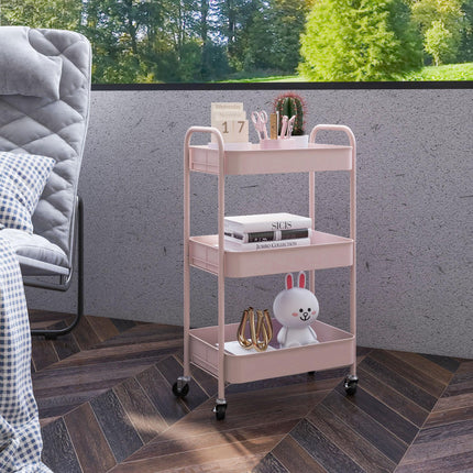 Three-Tier Steel Storage Trolley with Wheels and Handles - Pink