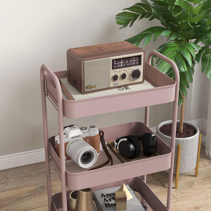Three-Tier Steel Storage Trolley with Wheels and Handles - Pink