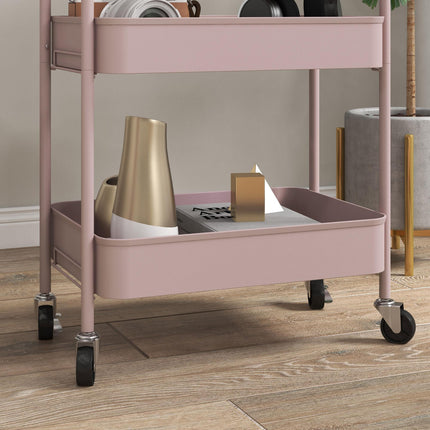Three-Tier Steel Storage Trolley with Wheels and Handles - Pink